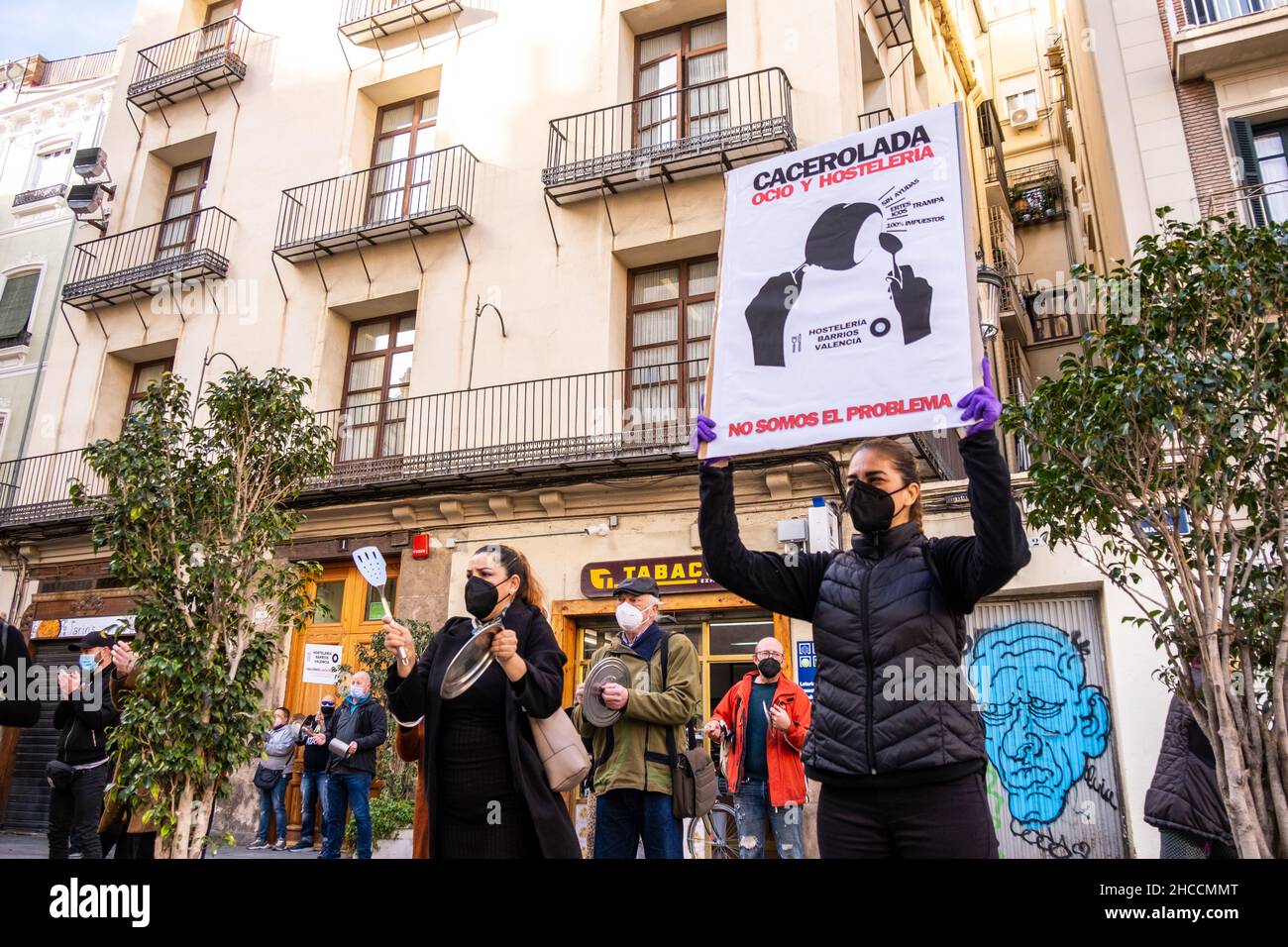 Valencia, Spain; January 21, 2021: Demonstrators against the measures against Covid taken against the hospitality sector by the local government. Stock Photo