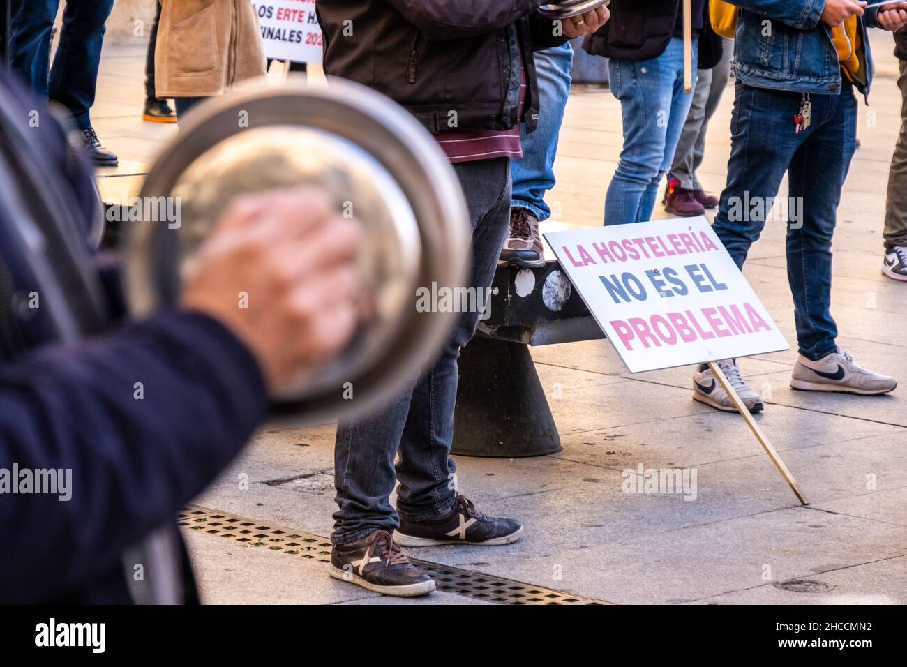 Valencia, Spain; January 21, 2021: Demonstrators against the measures against Covid taken against the hospitality sector by the local government. Stock Photo