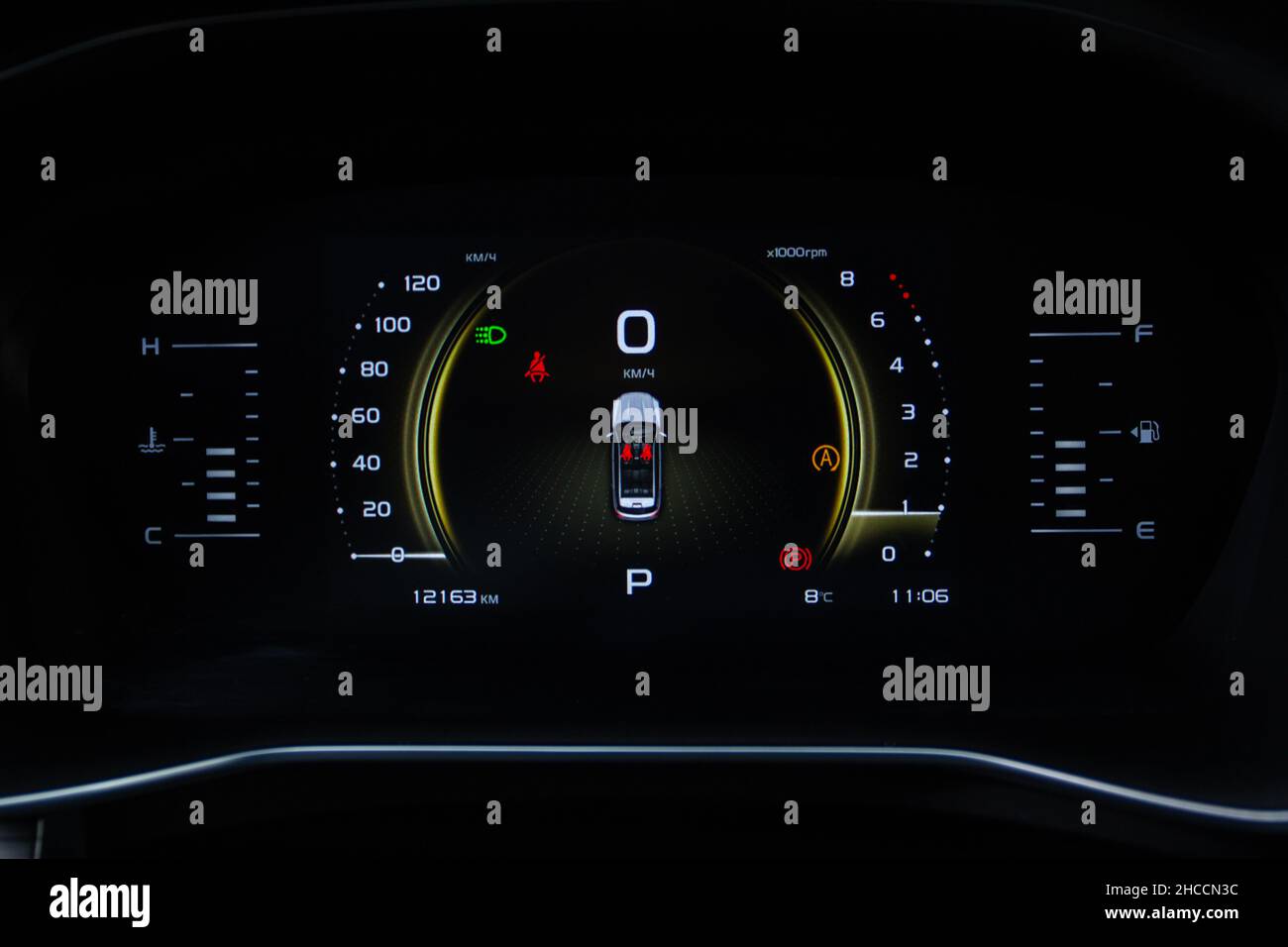 Modern digital car mileage. Car dashboard with sensors and information