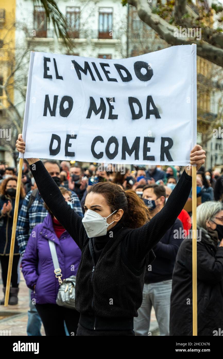 Valencia, Spain; January 25, 2021: Demonstrators against the measures anti Covid taken against the hospitality sector by the local government Stock Photo