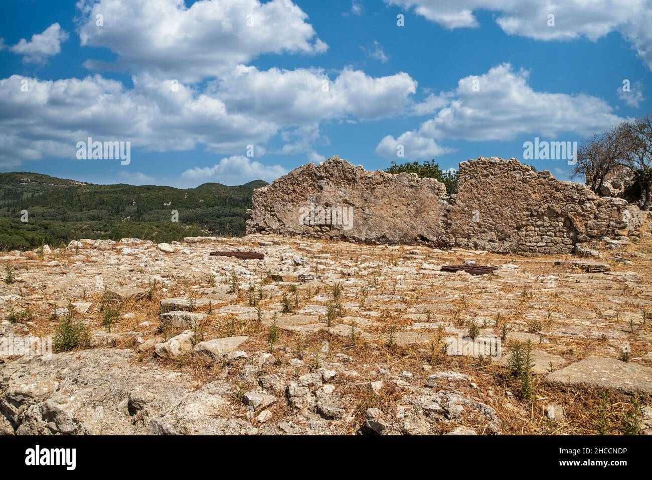 Ancient stone ruins of cliff fortress Angelocastro, Corfu island, Greece. Stock Photo