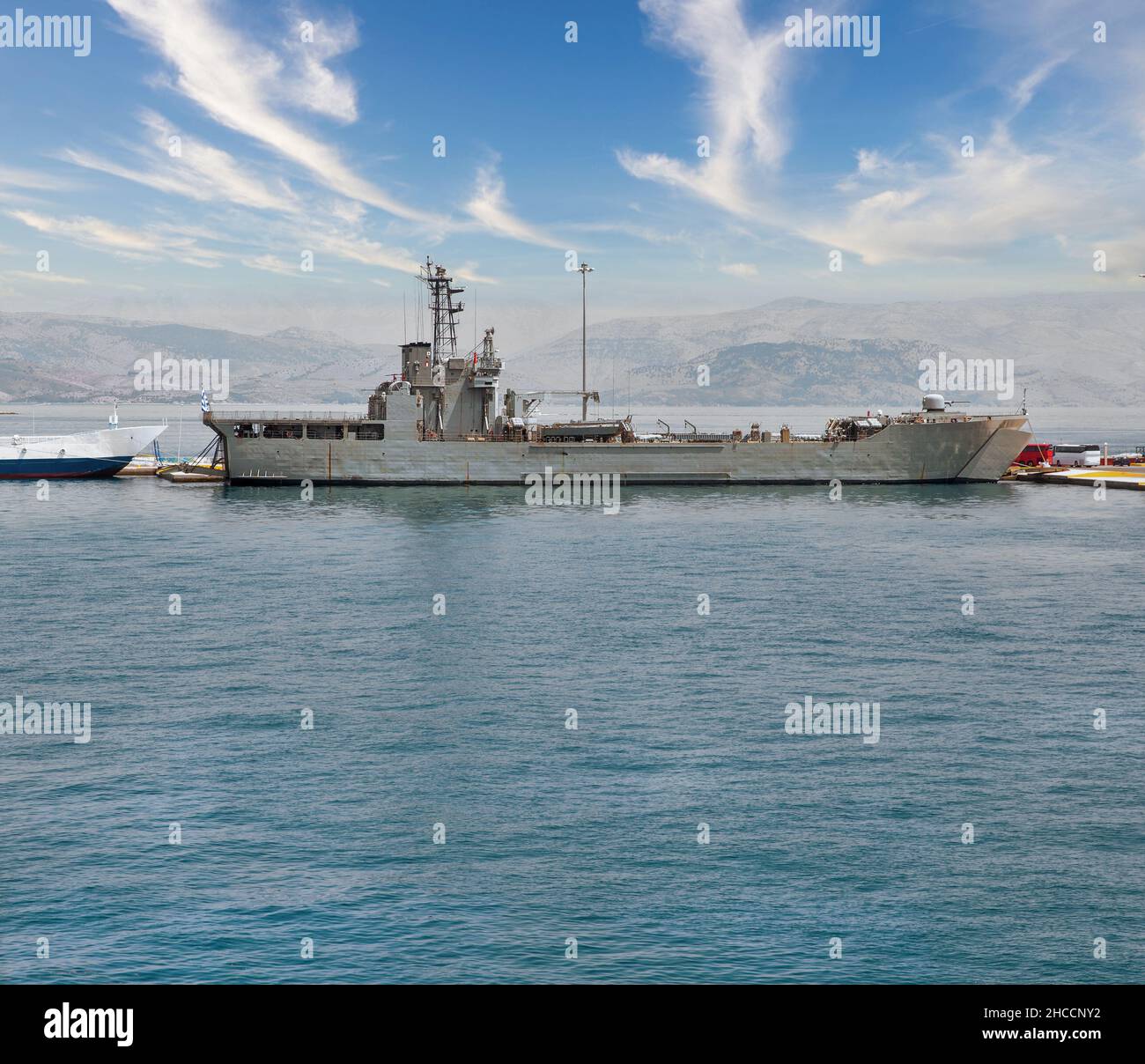 Hellenic Navy military tank landing ship moored in Kerkyra port. Corfu, Greece. Stock Photo