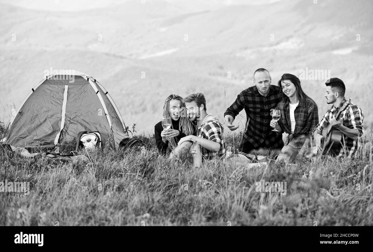 Pleasant hike picnic. People eating food. Hike picnic. Camping concept