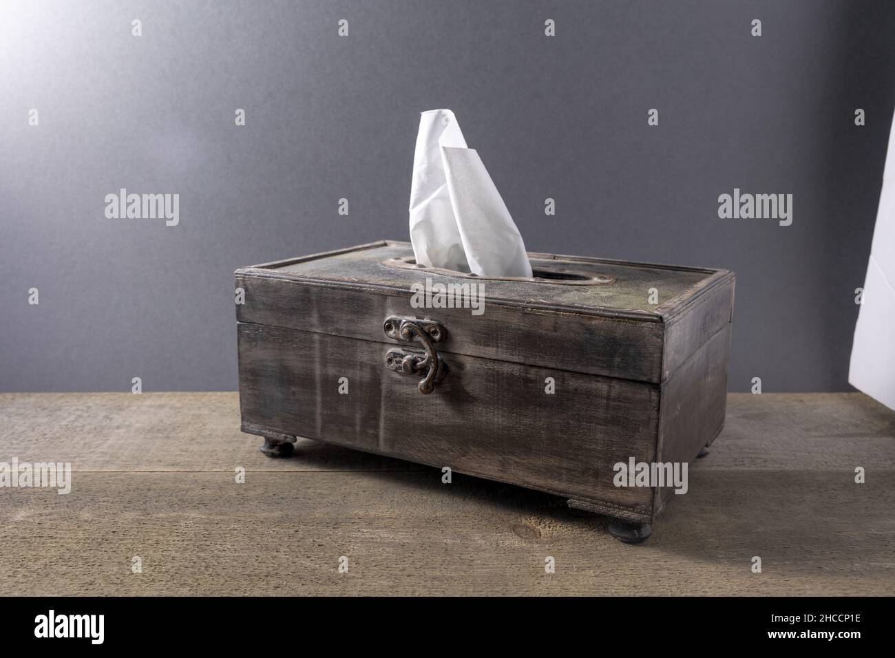 Closeup of a wooden box of tissues Stock Photo