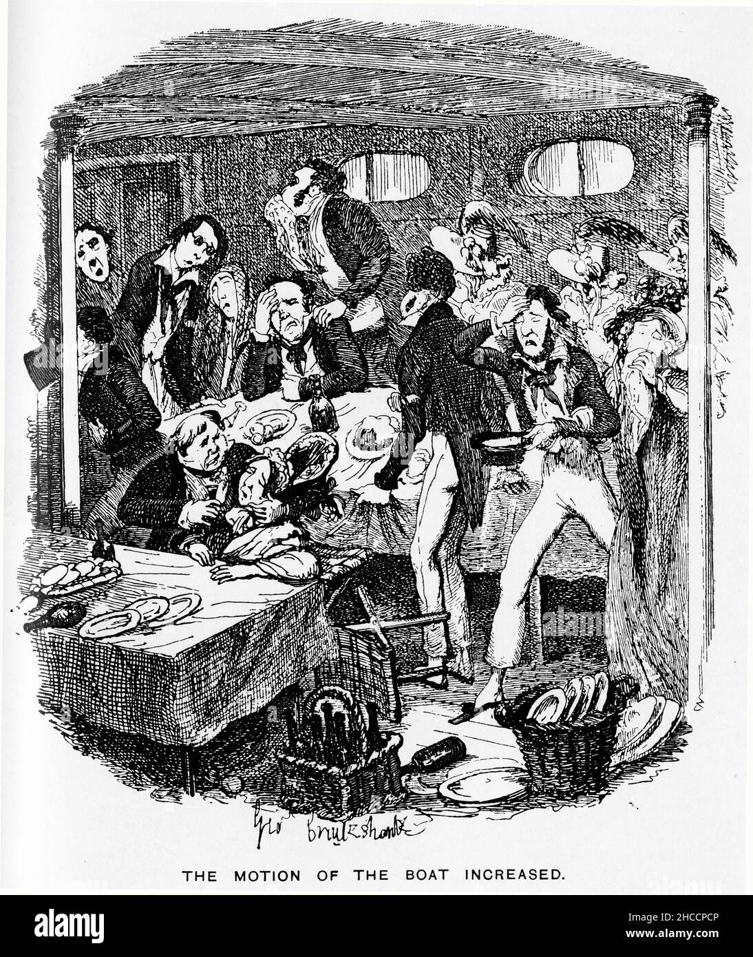 Engraving of seasick passengers on board a ship, a scene from a Victorian era book by Charles Dickens, published circa 1908 Stock Photo