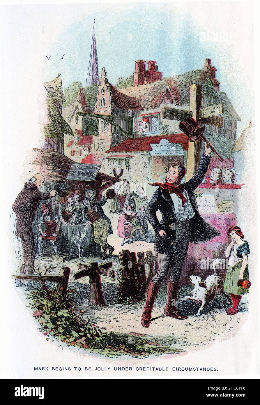 Engraving of Mark being jollyn under creditable circumstances, a scene from a Victorian era book by Charles Dickens, published circa 1908 Stock Photo