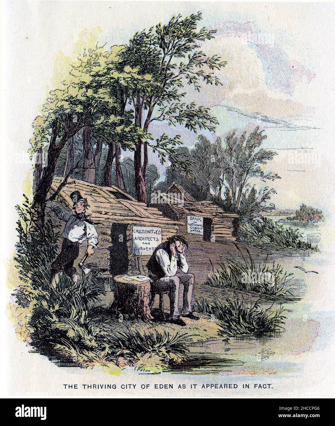 Engraving of the thriving city of Eden, a scene from a Victorian era