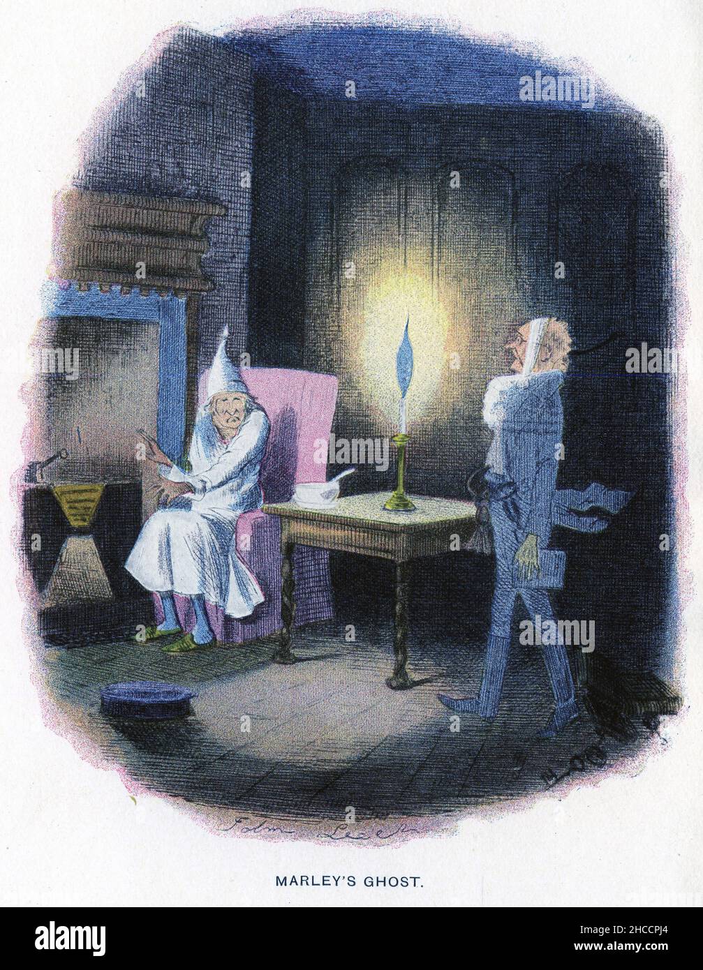 Engraving of Marley's ghost, a scene from a Victorian era book by Charles Dickens, published circa 1908 Stock Photo