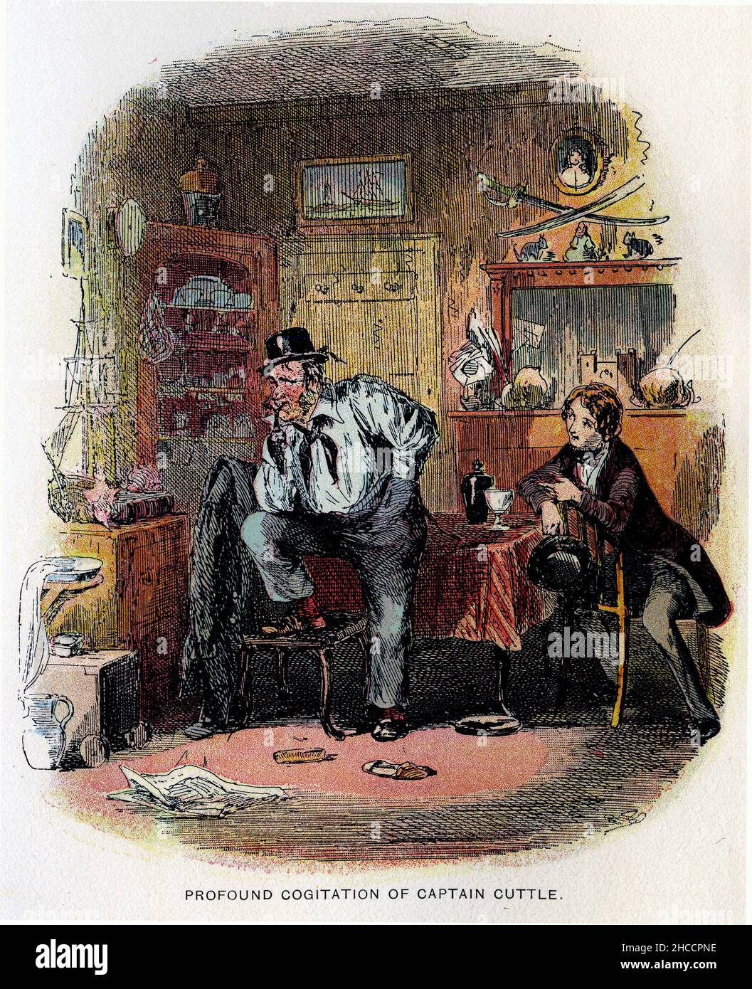 Engraving of the profound cogitation of Captain Cuttle, a scene from a