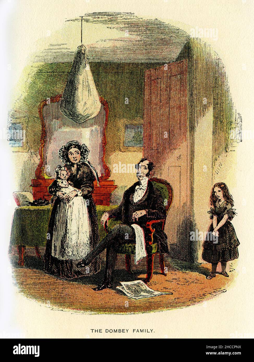 Engraving of the Dombey family , a scene from a Victorian era book by