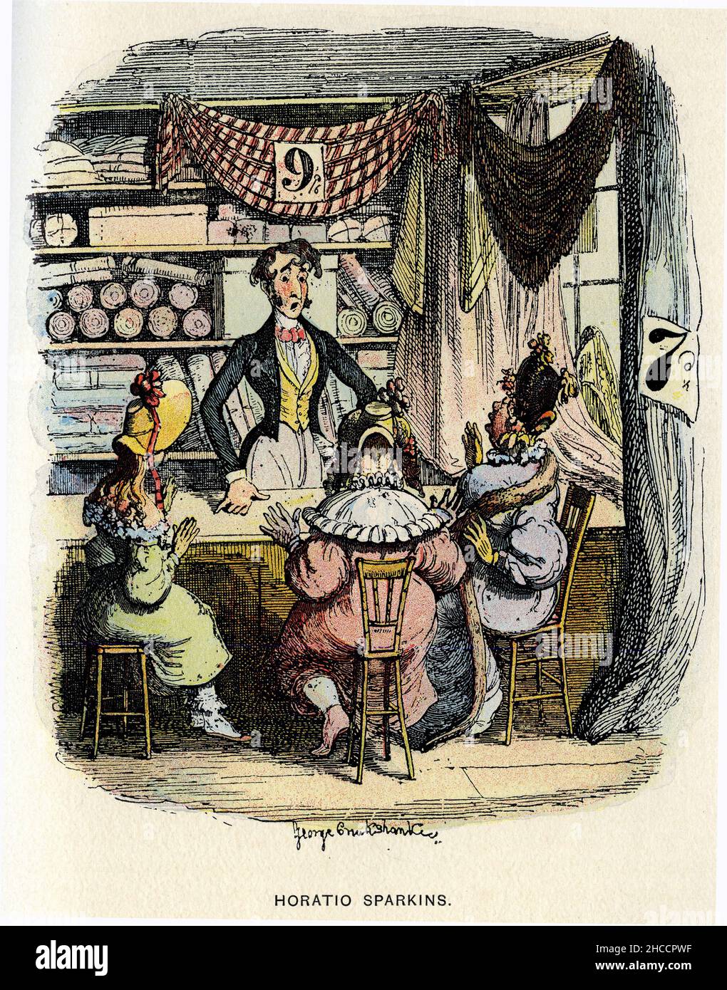 Engraving of Horatio Sparkins in his drapery shop, a scene from a