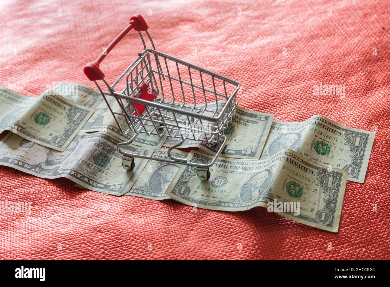 Shopping cart on dollar bills indicating home economics expenses with