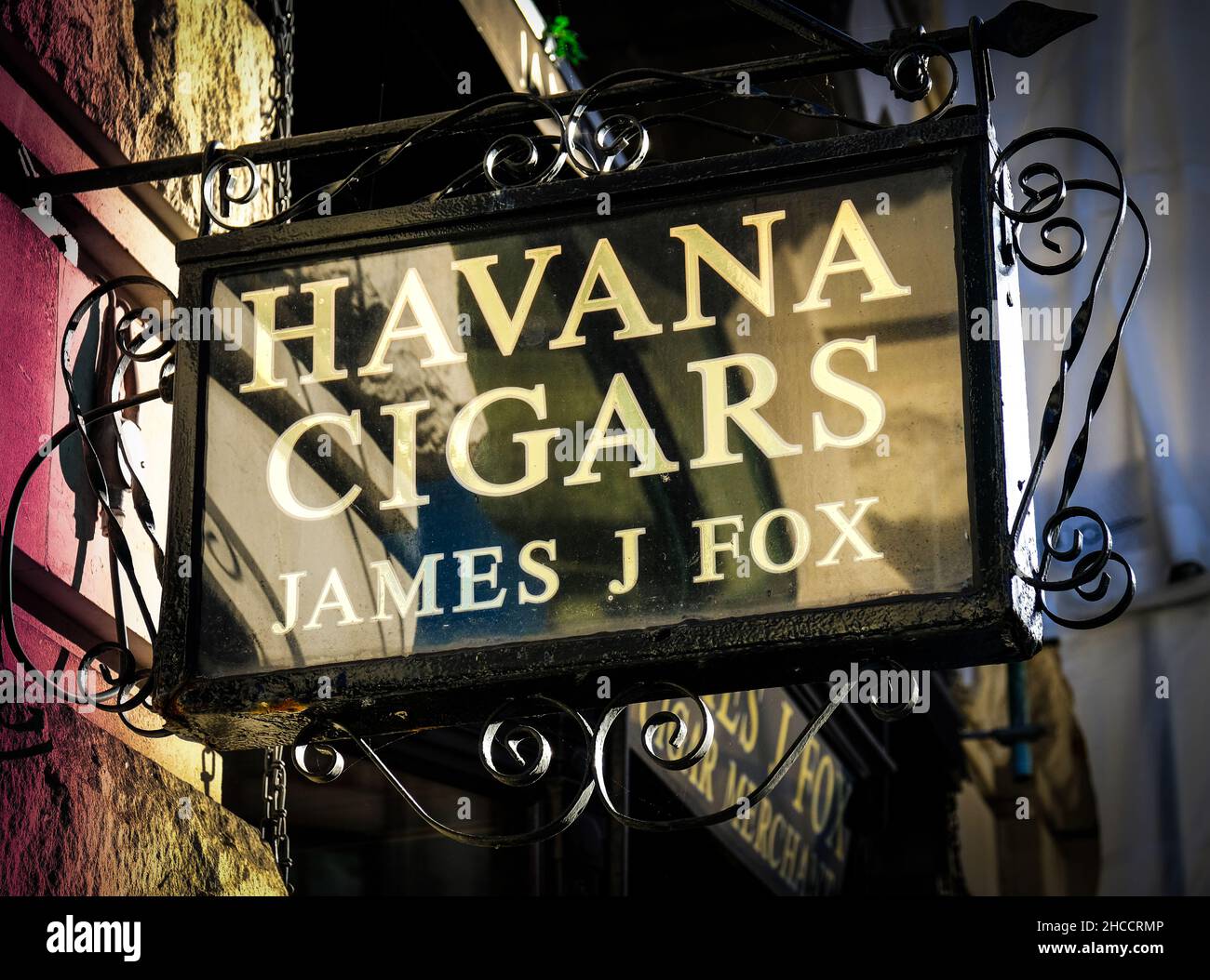 Sign above the door of James J Fox cigar merchant 19 St James Street, London SW1 Stock Photo