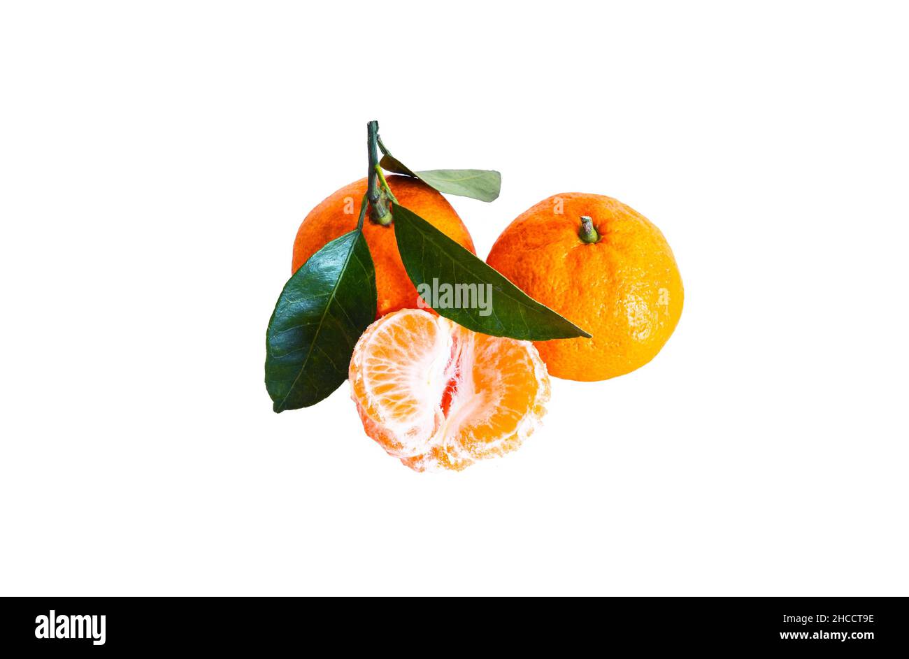Tangerines with leaves on a white background Stock Photo