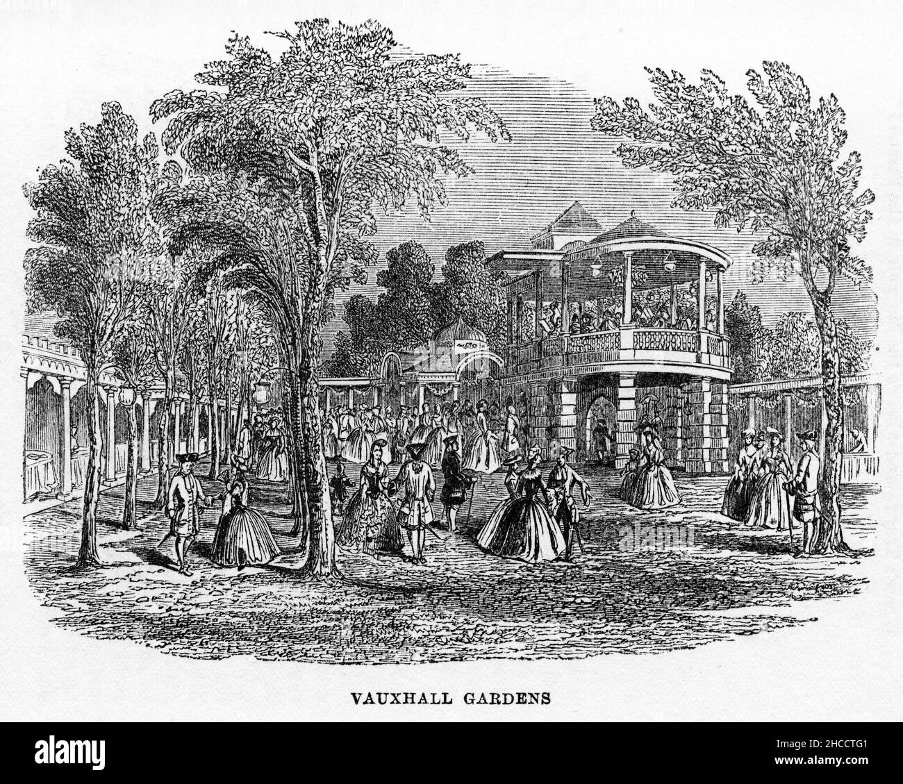 Engraving of Vauxhall Gardens, a scene from a Victorian era book by Charles Dickens, published circa 1908 Stock Photo