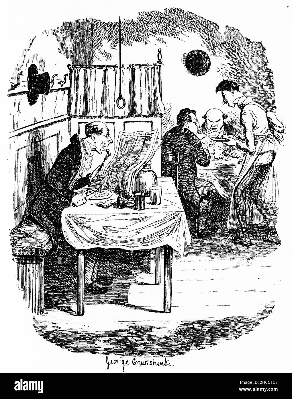 Engraving of people eating at a casual restaurant or diner, a scene from a Victorian era book by Charles Dickens, published circa 1908 Stock Photo