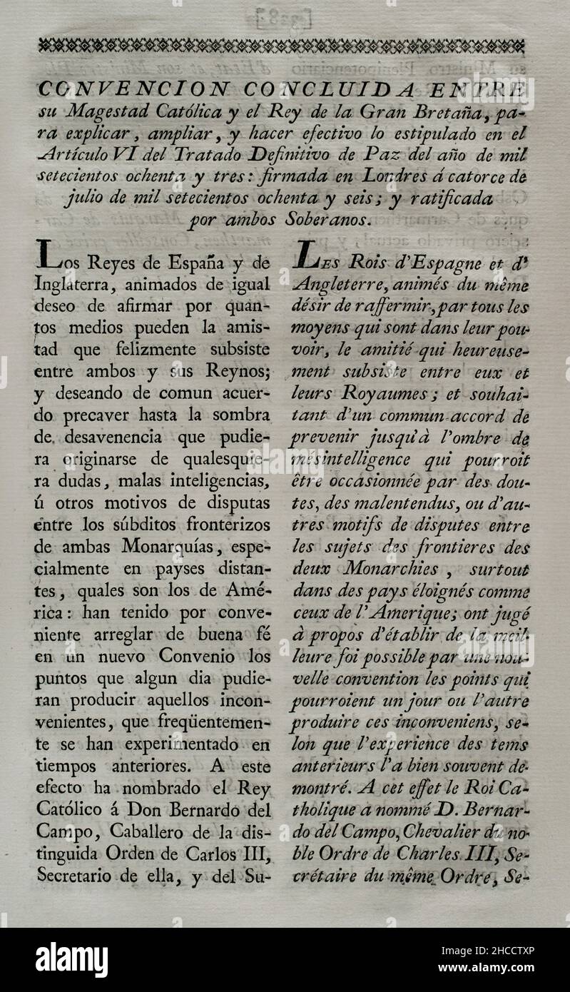 'Convention of London' (1786). Convention concluded between the King of Spain and the King of Great Britain, to explain, extend and give effect to the provisions of Article VI of the definitive peace treaty of 1783. It was signed in London on 14 July 1786; and ratified by both sovereigns (Charles III and George III of England). The agreement concerned the status of British settlements on the Mosquito Coast in Central America. Great Britain evacuated those settlements and, in exchange, Spain expanded the territory available to British lumberjacks on the Yucatan Peninsula. Collection of the Trea Stock Photo