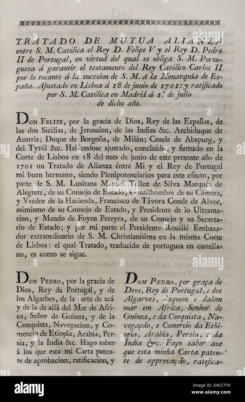 'Treaty of Lisbon' (1701). Treaty of mutual alliance between Philip V of Spain and Pedro II of Portugal, by virtue of which the Portuguese monarch was obliged to guarantee the will of King Charles II concerning the succession to the Spanish throne. King Pedro II guaranteed support for Philip V and not for the pretender Charles of Austria. Signed in Lisbon on 18 June 1701 and ratified in Madrid on 1 July of that year. Collection of the Treaties of Peace, Alliance, Commerce adjusted by the Crown of Spain with the Foreign Powers (Colección de los Tratados de Paz, Alianza, Comercio ajustados por l Stock Photo