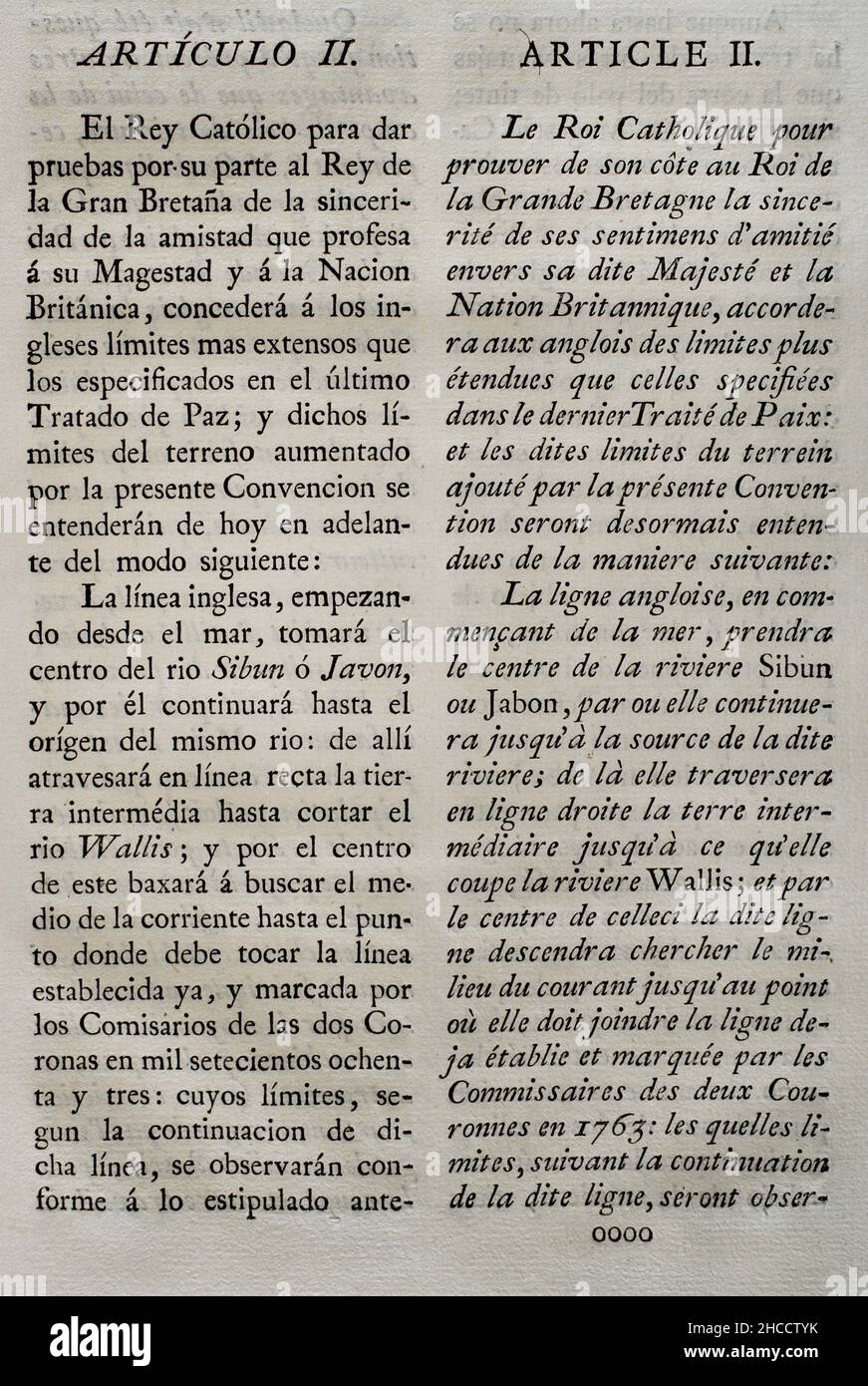 'Convention of London' (1786). Convention concluded between the King of Spain and the King of Great Britain, to explain, extend and give effect to the provisions of Article VI of the definitive peace treaty of 1783. It was signed in London on 14 July 1786; and ratified by both sovereigns (Charles III and George III of England). The agreement concerned the status of British settlements on the Mosquito Coast in Central America. Great Britain evacuated those settlements and, in exchange, Spain expanded the territory available to British lumberjacks on the Yucatan Peninsula. Article II. Collection Stock Photo