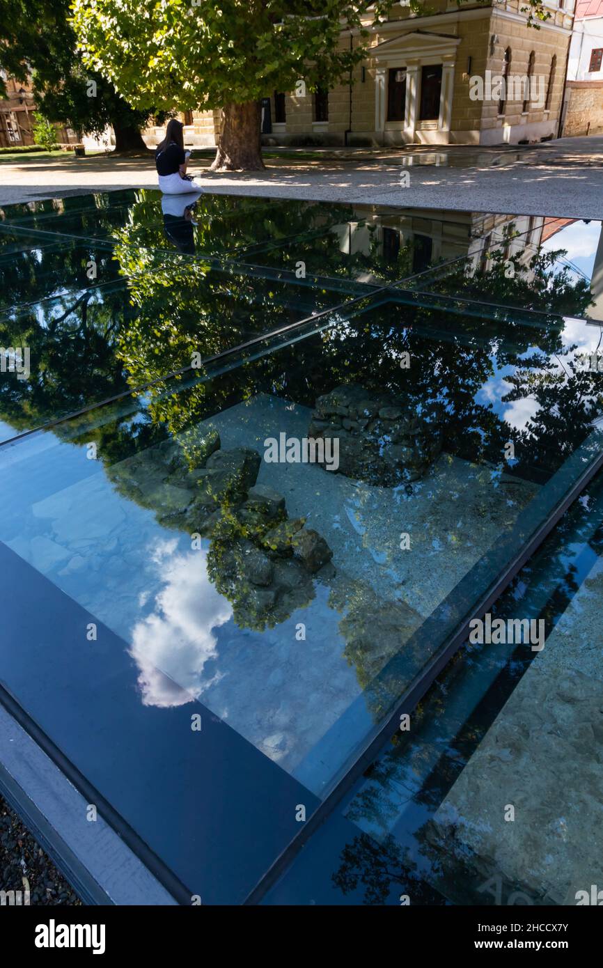 Back photo of a girl holding a phone in her hand, on the glass covering the old St. Stephen's Church in downtown Baia Mare Stock Photo