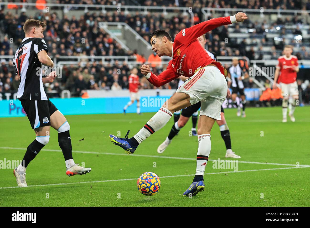 Newcastle, UK. 27th December, 2021. Cristiano Ronaldo #7 of Manchester United miss kicks the ball Credit: News Images /Alamy Live News Stock Photo