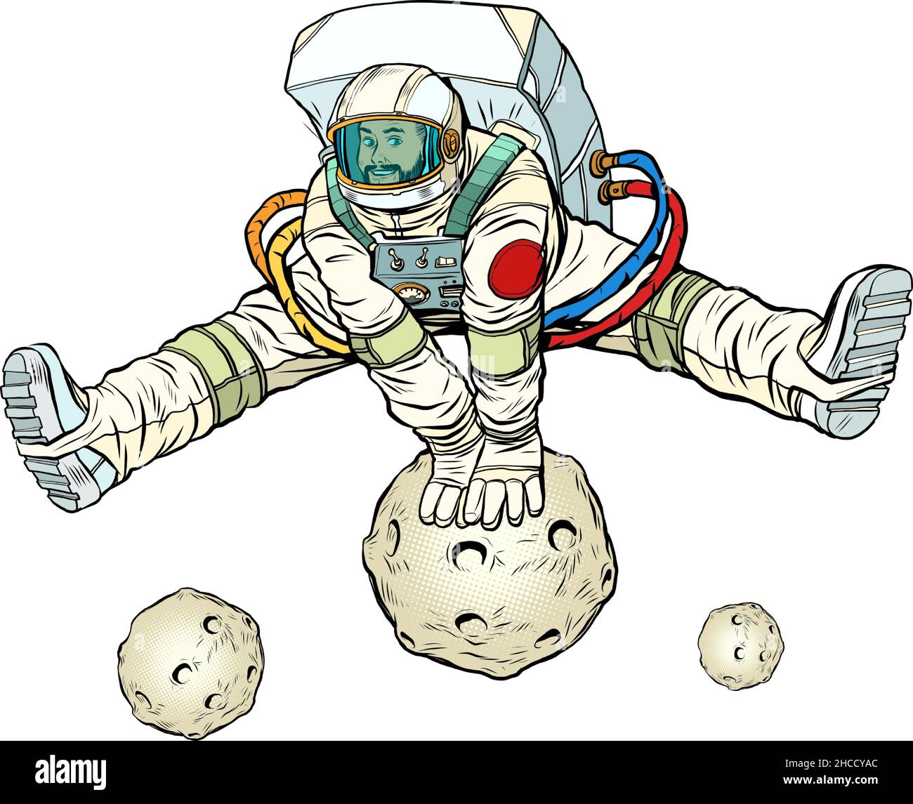 The astronaut rejoices jumping up through an asteroid or planet in a funny pose with his legs apart. Space and science Stock Vector