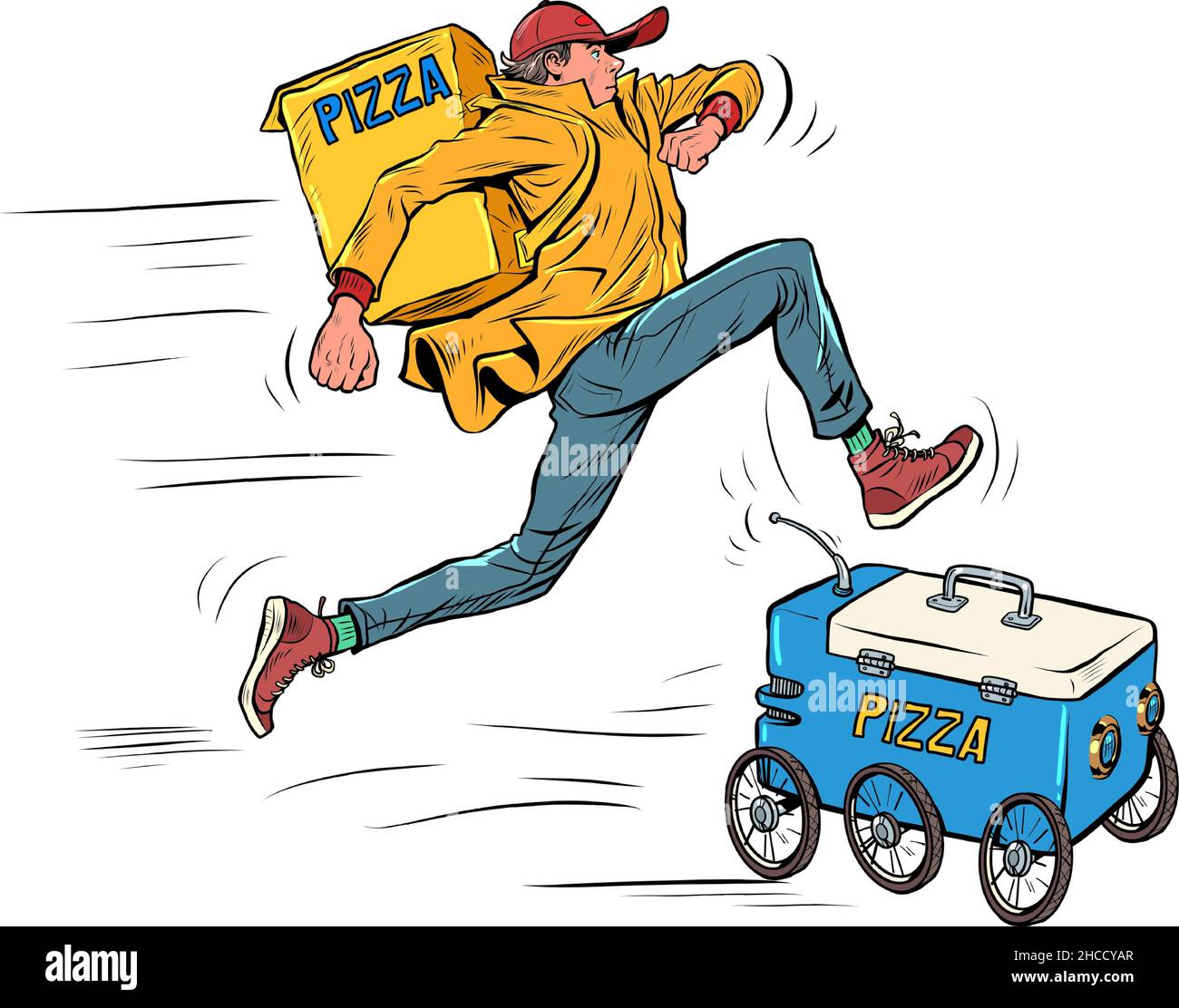 Man vs robot, food delivery. Courier competes with new technologies Stock Vector