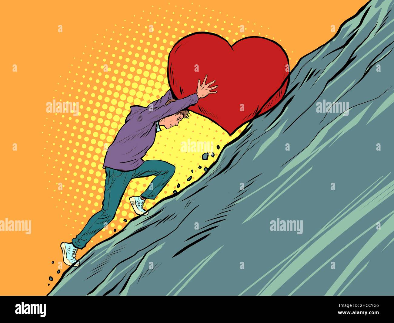 sisyphean labor a lover believes in love, rolls a valentines heart up the mountain Stock Vector