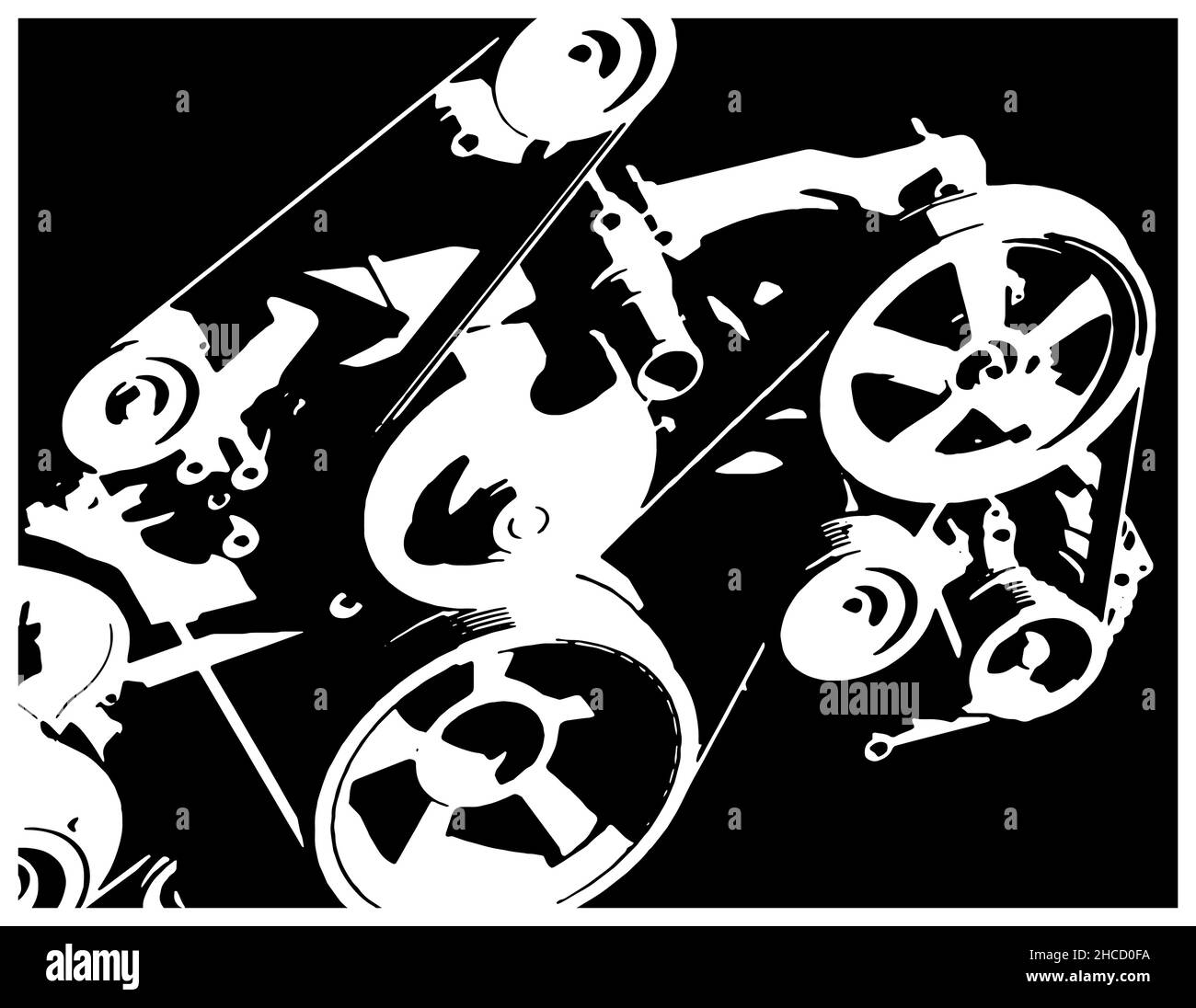 Stylized vector illustration of engine mechanisms with belt drives close up Stock Vector