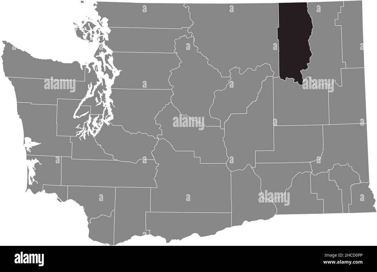 Black highlighted location map of the Ferry County inside gray administrative map of the Federal State of Washington, USA Stock Vector