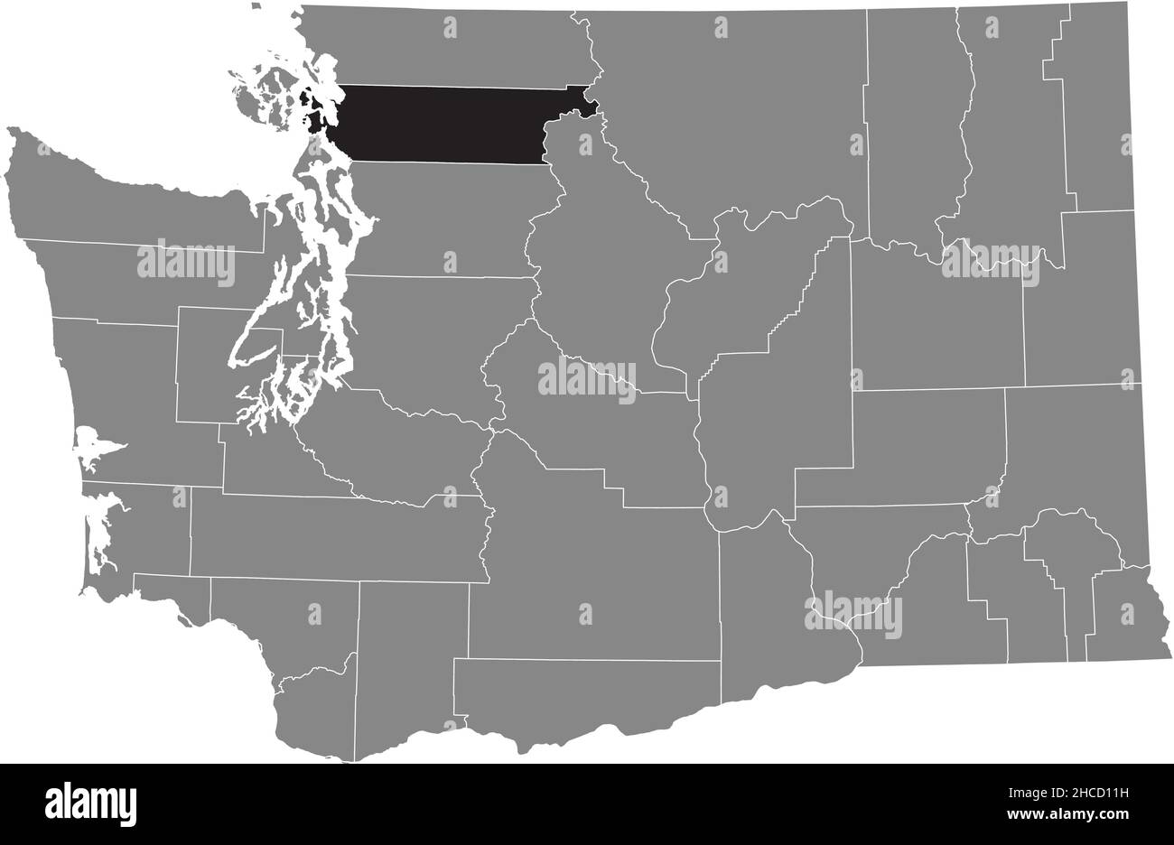Black highlighted location map of the Skagit County inside gray administrative map of the Federal State of Washington, USA Stock Vector