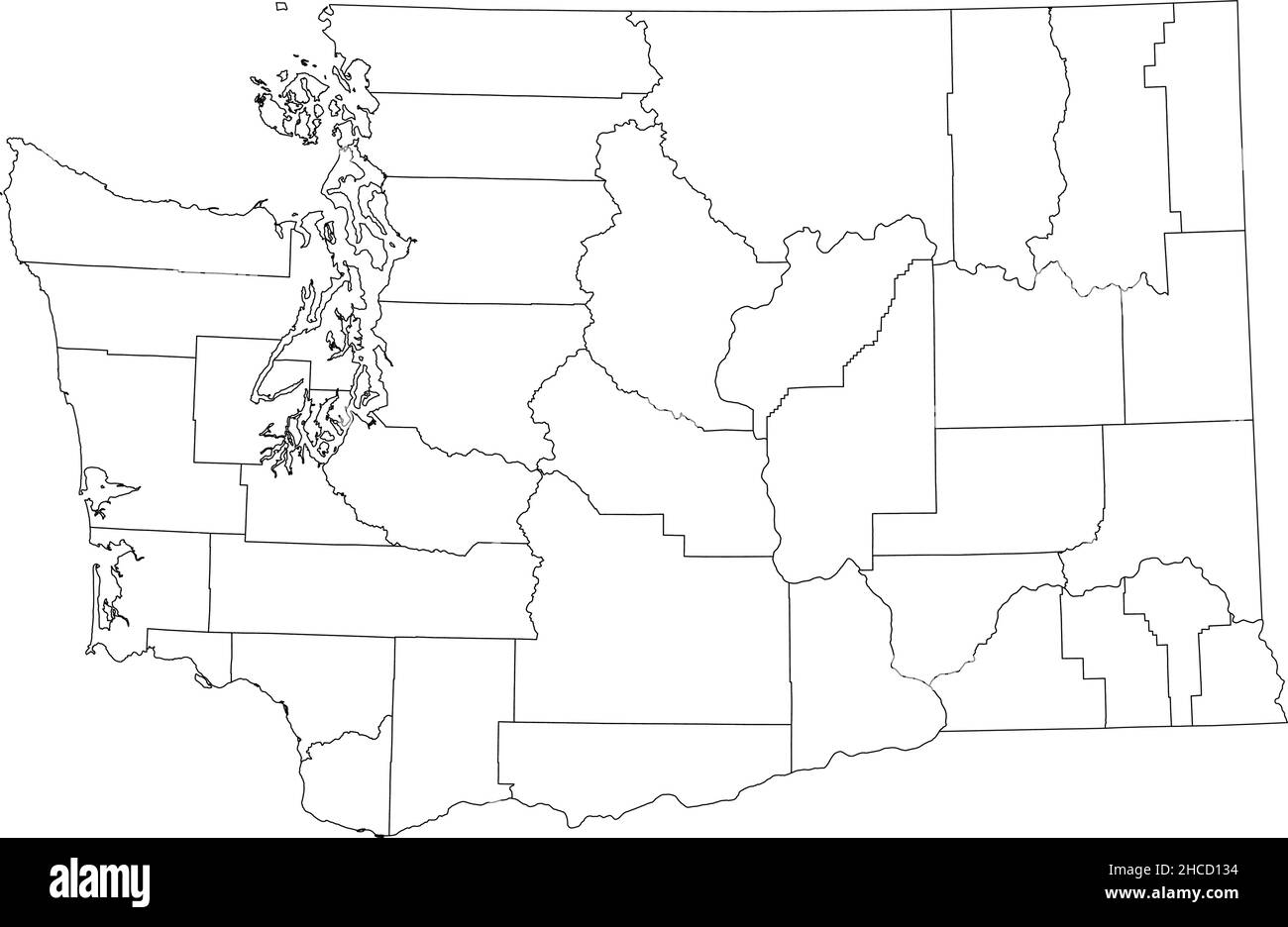 White blank vector administrative map of the Federal State of Washington, USA with black borders of its counties Stock Vector