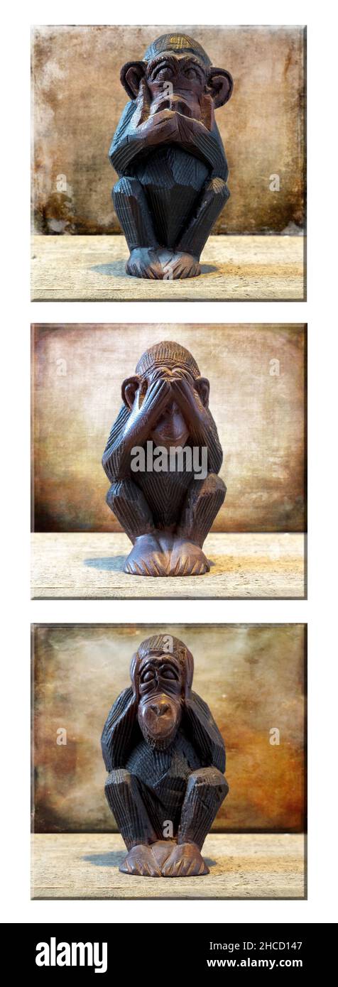 Vertical shot of a collage with monkey figurines covering its mouth, eyes, and ears Stock Photo