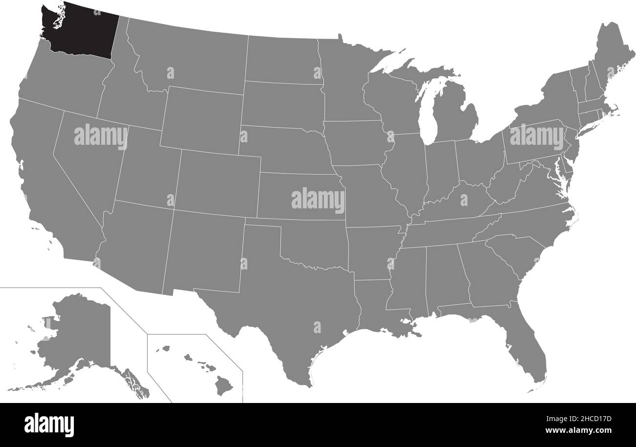 Black highlighted location administrative map of the US Federal State of Washington inside gray map of the United States of America Stock Vector