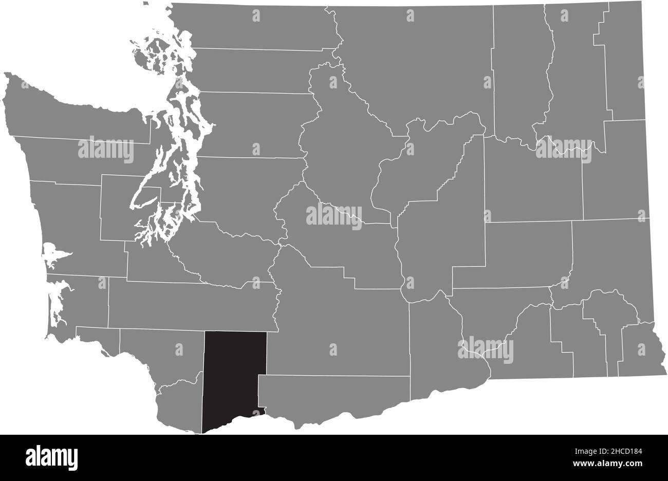 Black highlighted location map of the Skamania County inside gray administrative map of the