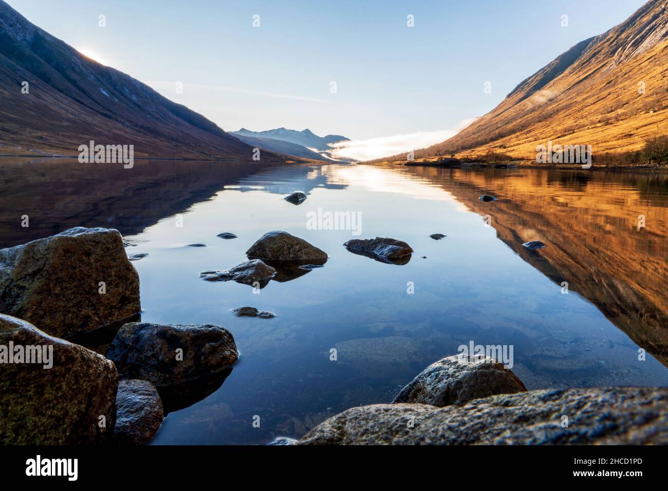 Awesome Blue Sky Scene in Glen Etive at Loch Etive with reflections, Scottish Highlands Stock Photo