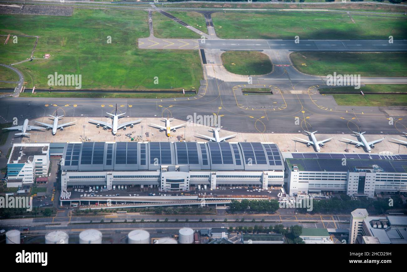 Airport terminal and runway with aircrafts, aerial view Stock Photo - Alamy