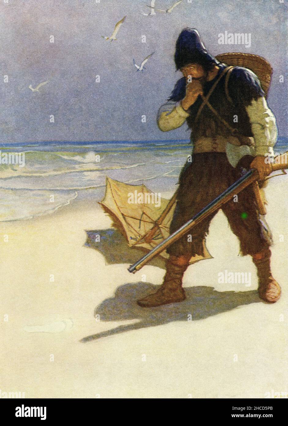 The caption for this image by NC Wyeth that accompanies the tale of Robinson Crusoe by Daniel Defoe reads: 'I stood like one thunderstruck or or as if I had seen an apparition.” Robinson Crusoe is a novel written by the English novelist Daniel Defoe and published in 1719. A fictional autobiography,  it tells the tale of an English castaway named  Robinson Crusoe (seen here on beach with umbrella) who spent 28 years on a remote tropical island near Venezuela before he was rescued.  Newell Convers Wyeth, known as N. C. Wyeth, was an American artist and illustrator. He was the pupil of artist How Stock Photo