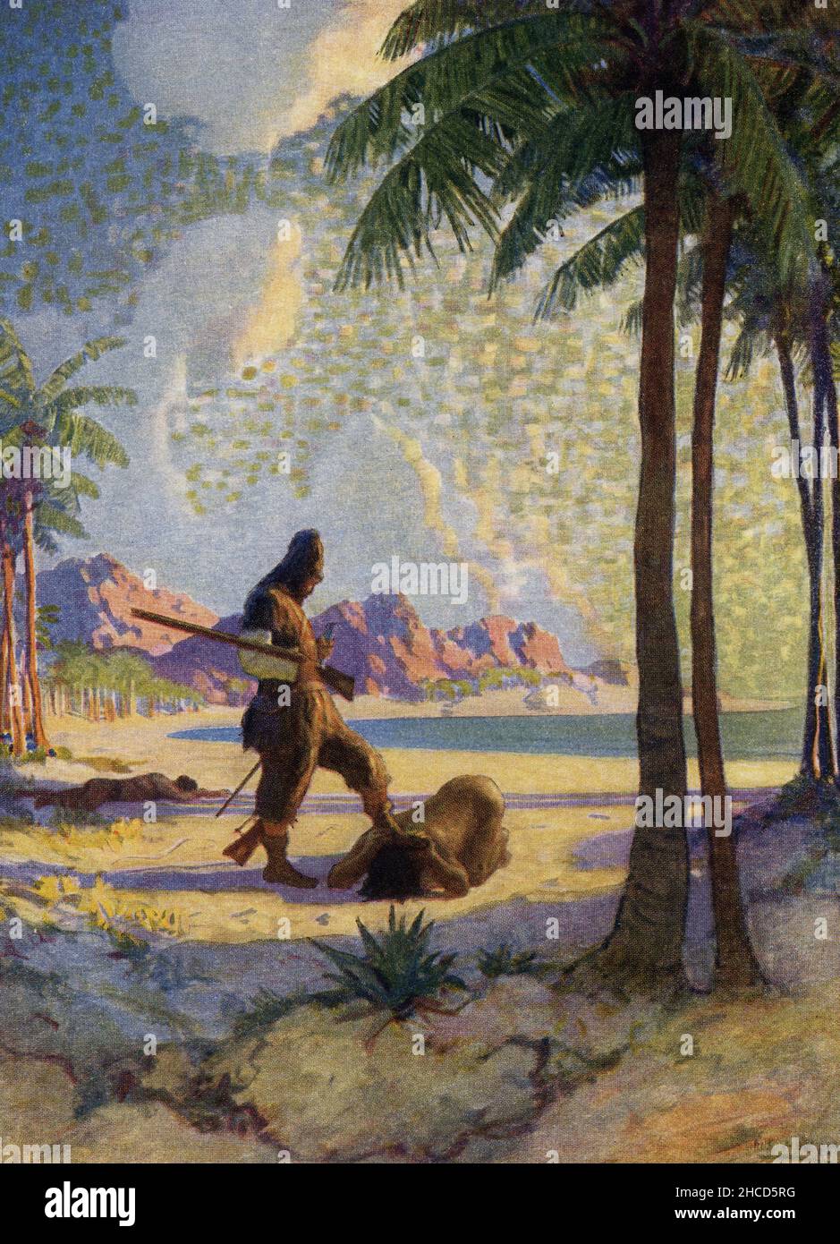 The caption for this image by NC Wyeth that accompanies the tale of Robinson Crusoe by Daniel Defoe reads: ' and then he kneeled down again, kissed the ground, and taking me by the foot, set my foot upon his head.” Robinson Crusoe is a novel written by the English novelist Daniel Defoe and published in 1719. A fictional autobiography,  it tells the tale of an English castaway named  Robinson Crusoe (seen here with Friday) who spent 28 years on a remote tropical island near Venezuela before he was rescued.  Newell Convers Wyeth, known as N. C. Wyeth, was an American artist and illustrator. He w Stock Photo