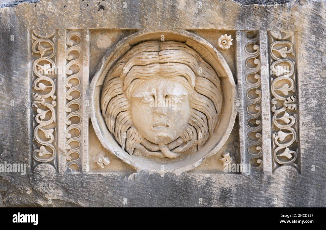 Gorgoneion. Carving in limestone the head of Medusa Gorgon Stock Photo