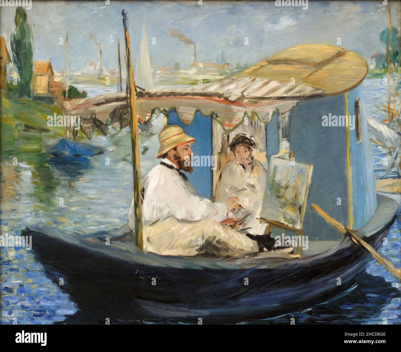 Monet in his Studio by Edouard Manet. It shows his friend Claude Monet painting in his 'studio-boat' with his wife. Stock Photo