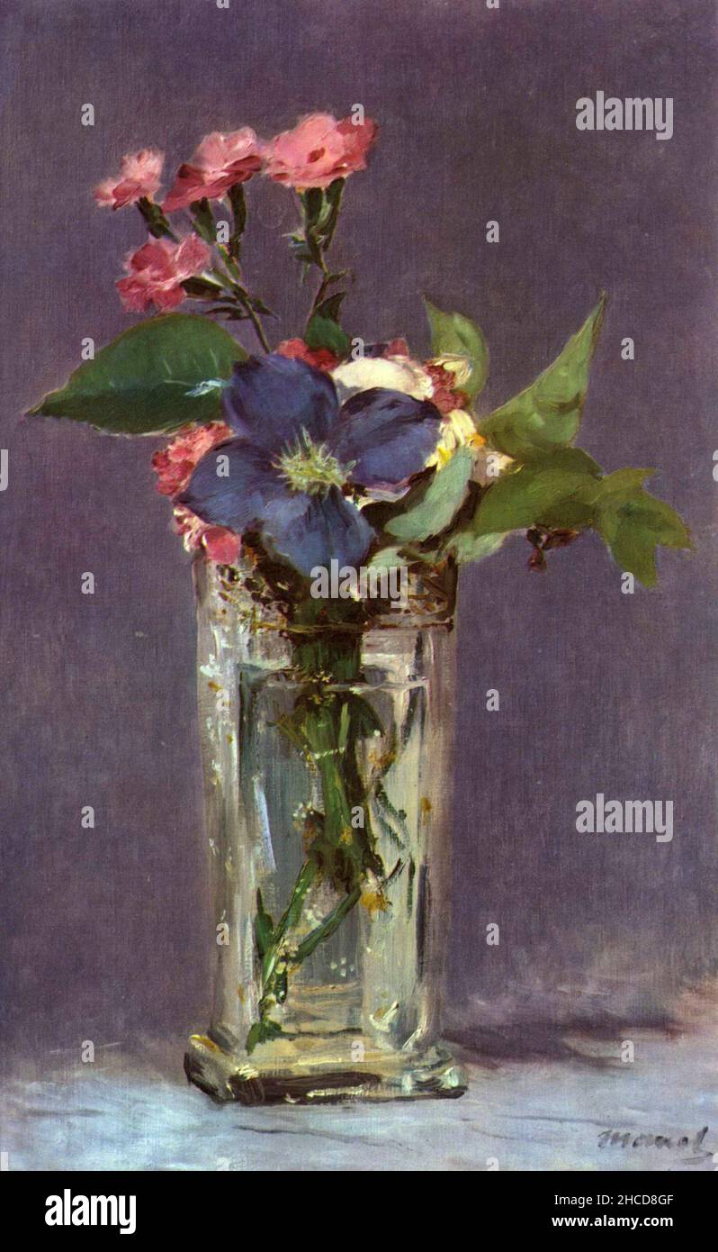 Carnations and Clematis in a Crystal Vase by Edouard Stock Photo