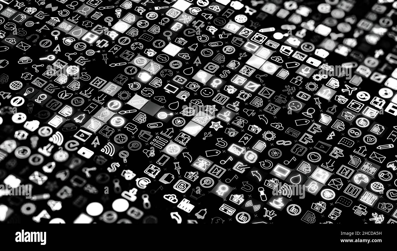 Black and white schematic icons, arrows, and signs moving slowly on dark background, seamless loop. Close up of rows with logo cells, monochrome. Stock Photo