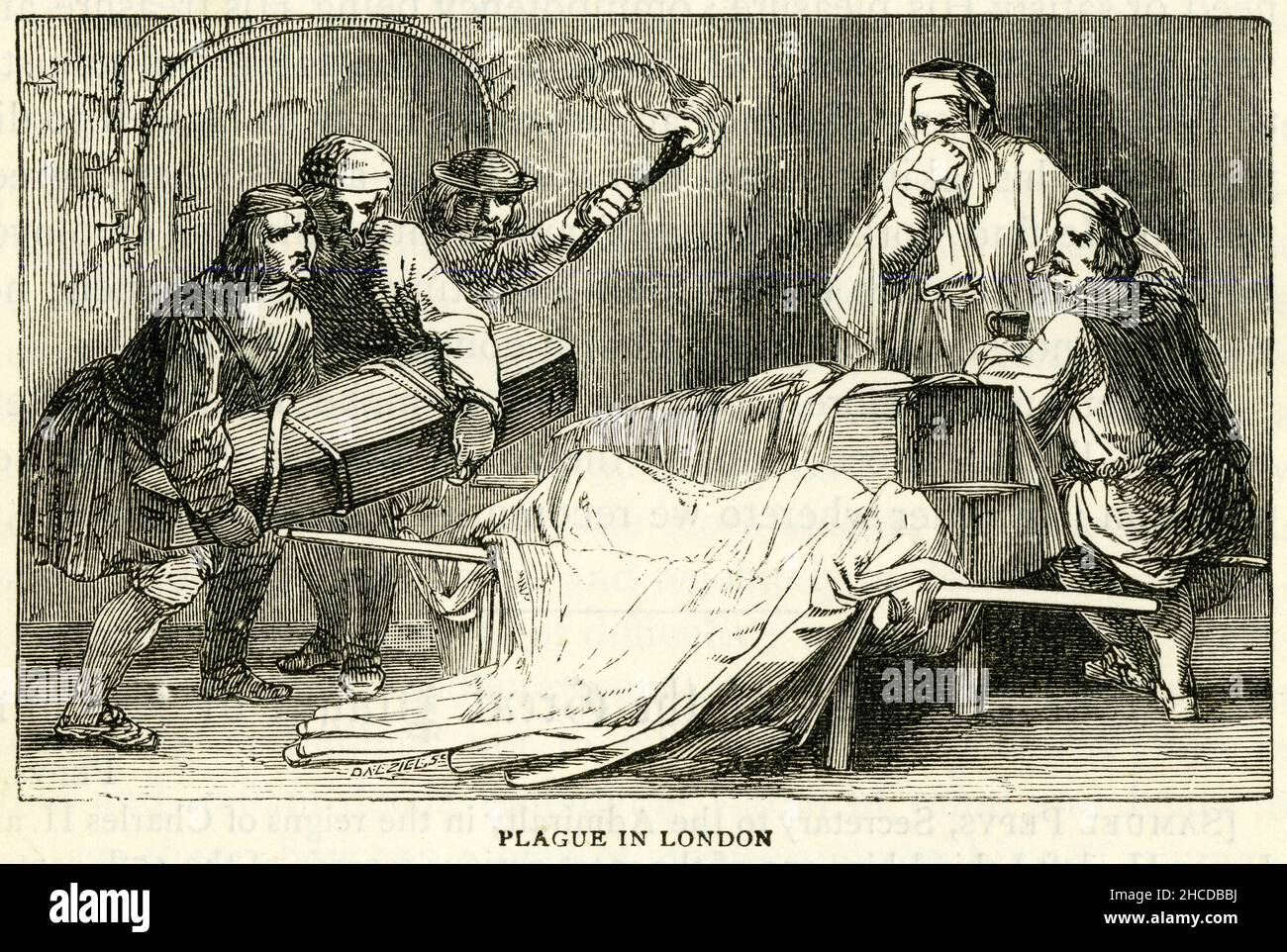 Engraving of people taking away the dead during the bubonic plague in London, published circa 1890 Stock Photo