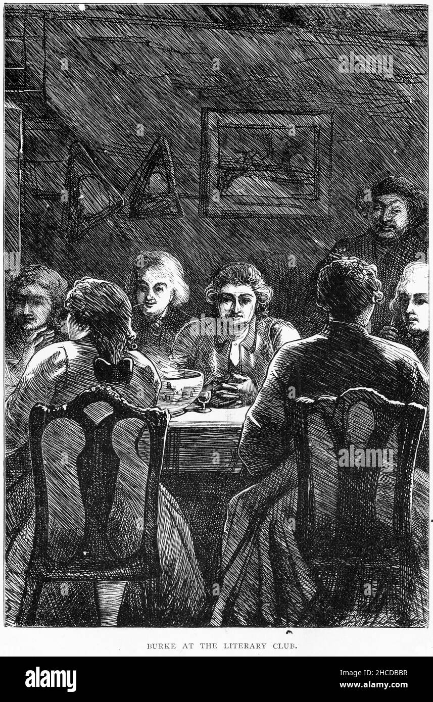 Engraving of Edmund Burke at the literary club with fellow authors and philosophers, published circa 1908 Stock Photo