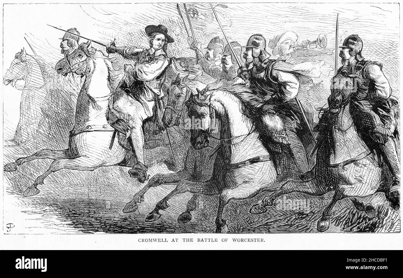 Engraving of Oliver Cromwell at the Battle of Worcester Stock Photo