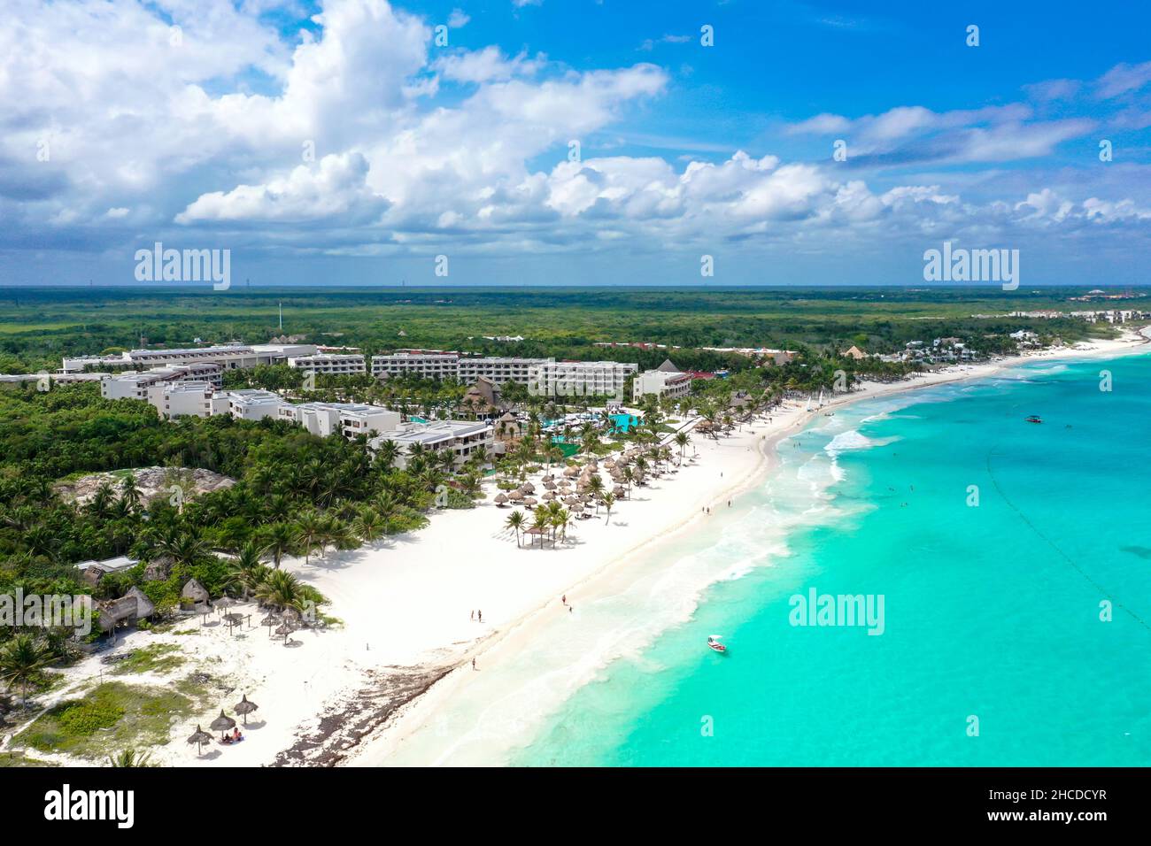 Aerial drone view of the Caribbean blue waters in Cancun Mexico Stock Photo