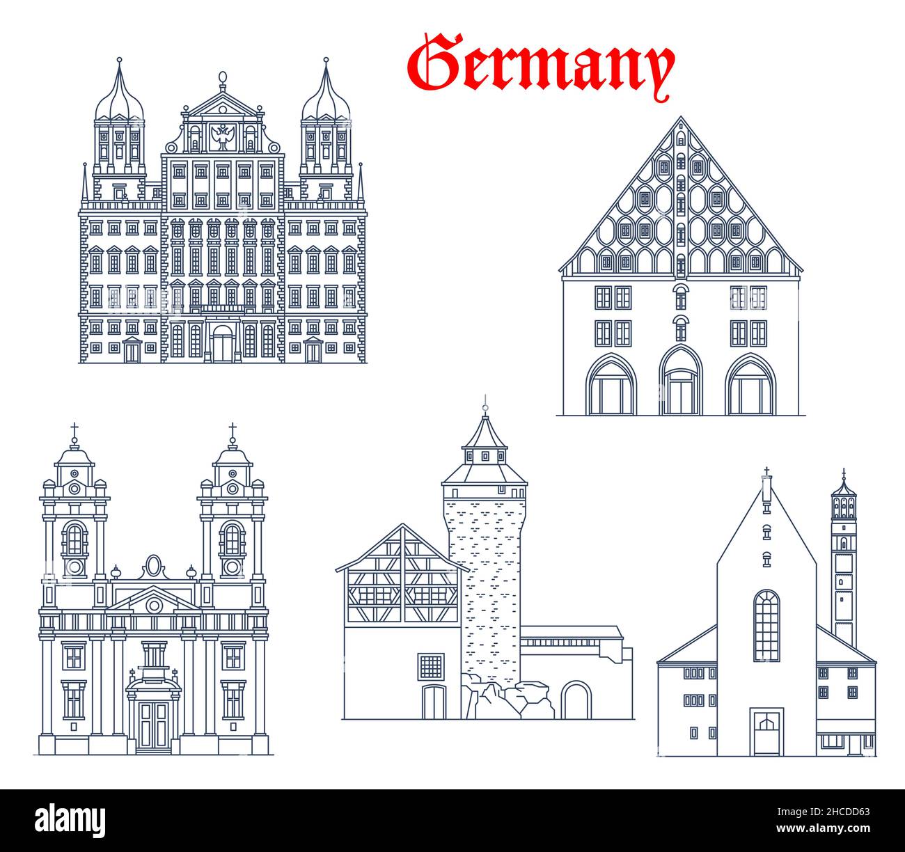 Germany, Nuremberg and Augsburg architecture buildings, vector travel landmarks of Bavaria. St Egidienkirche of Nurnberg, Augsburg Rathaus town hall, Stock Vector
