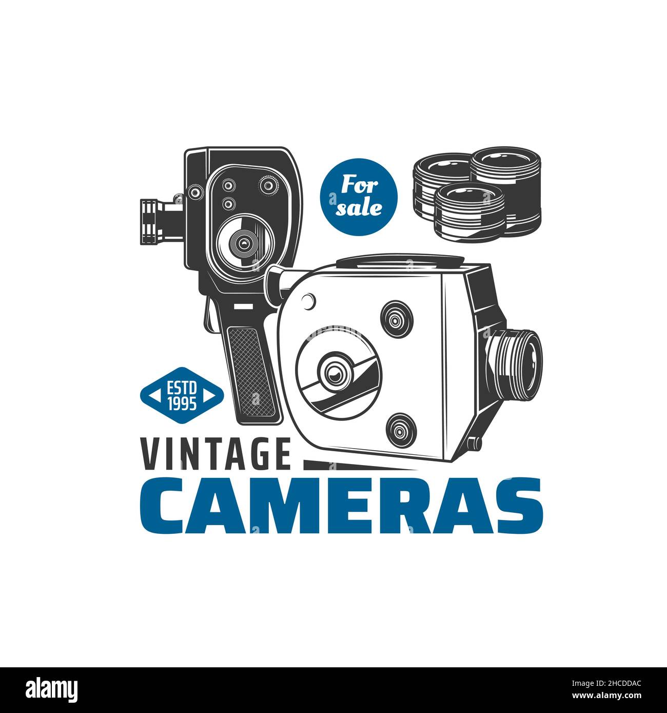 Vintage cameras icon. Retro film movie cameras, lenses and accessories shop or repair service monochrome vector emblem or icon with 60s small home cin Stock Vector