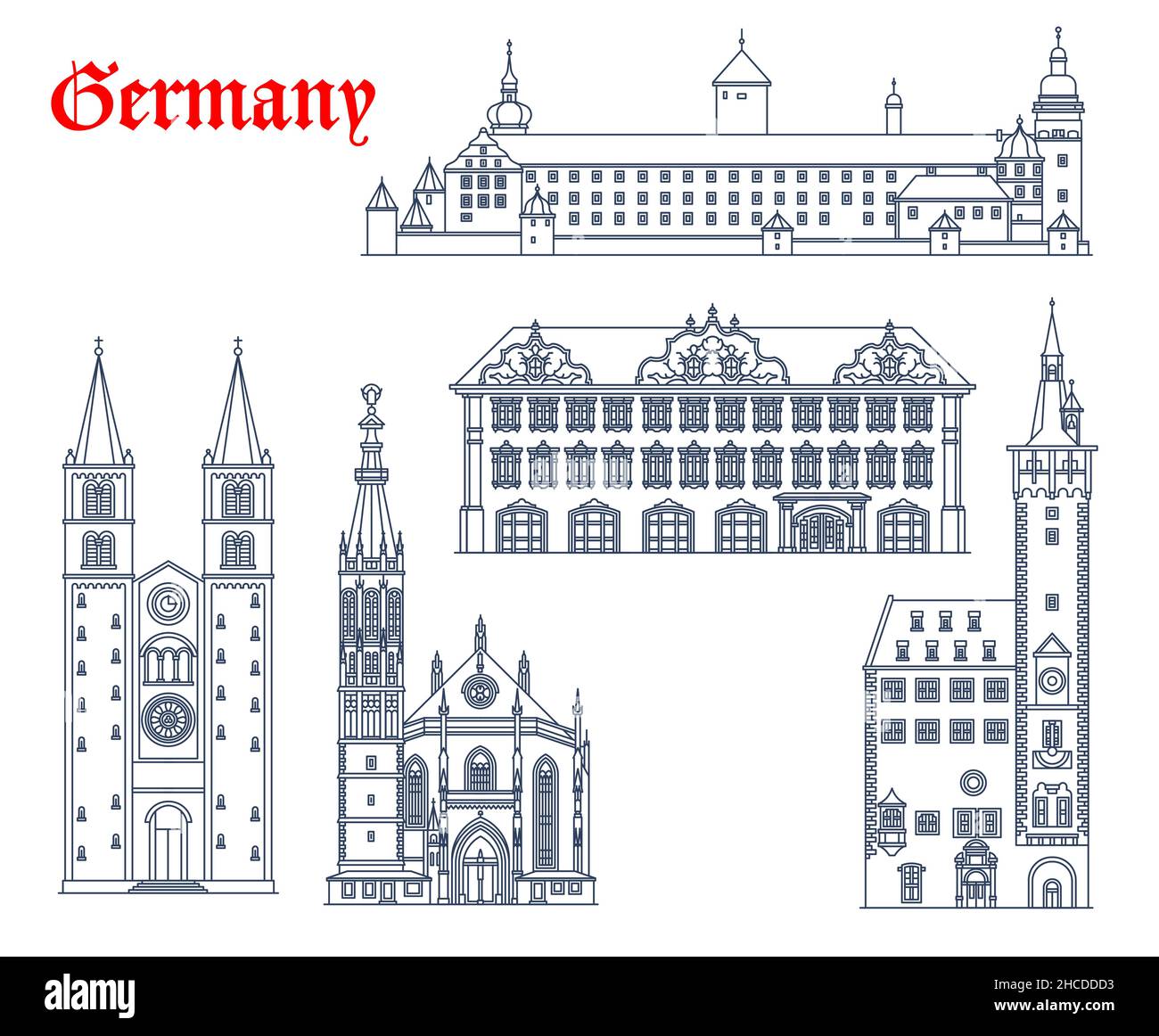 Germany, Wurzburg architecture buildings and travel landmarks, vector churches. Marienkapelle or St Mary chapel church, Marienberg Festung Fortress, H Stock Vector